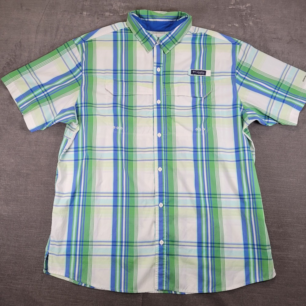 Columbia PFG‎ Plaid Short Sleeve Button Up Rip Stop Fishing Shirt Men's Size XL